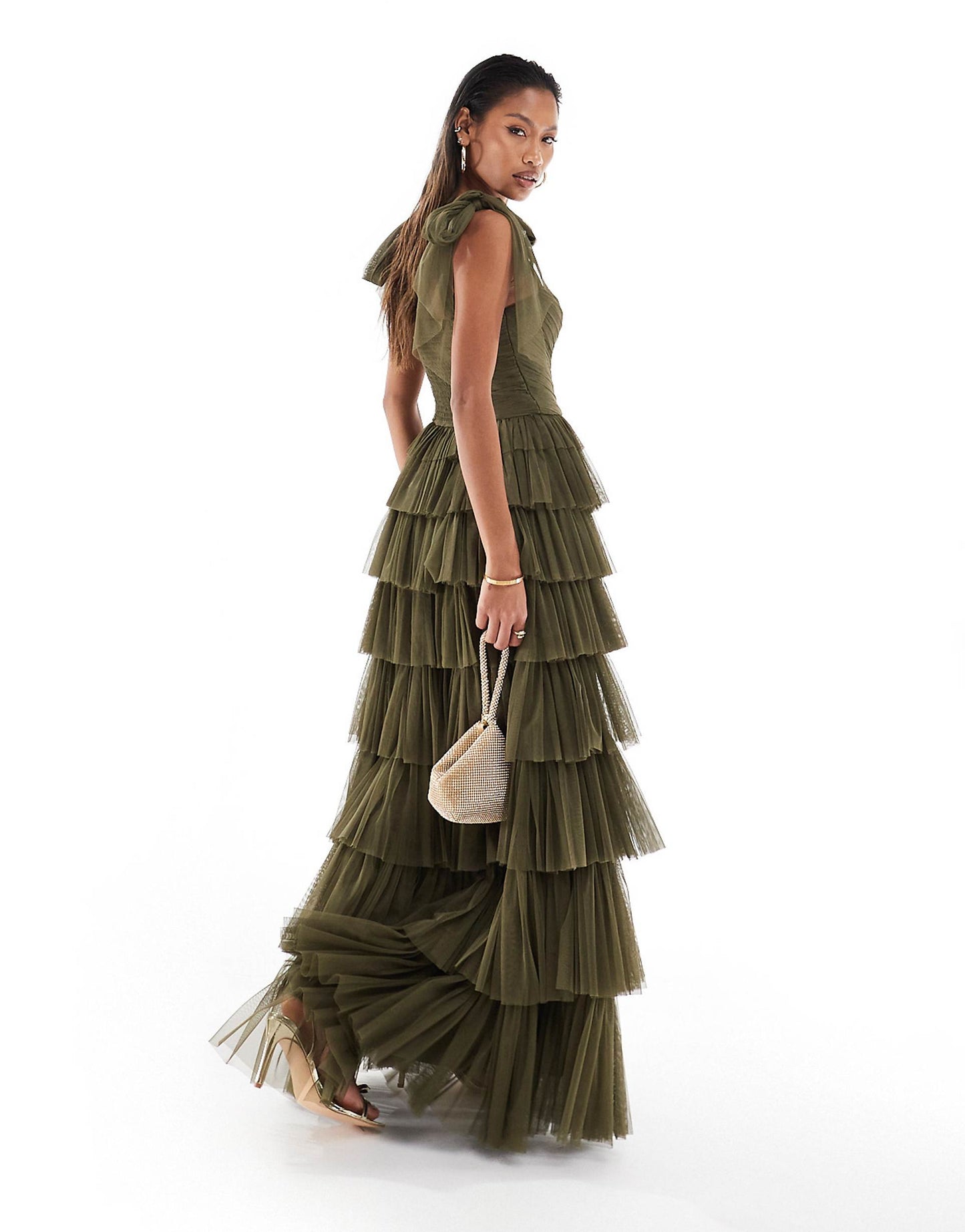 Bow Shoulder Tiered Tulle Maxi Dress