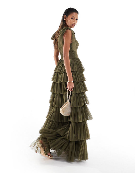 Bow Shoulder Tiered Tulle Maxi Dress
