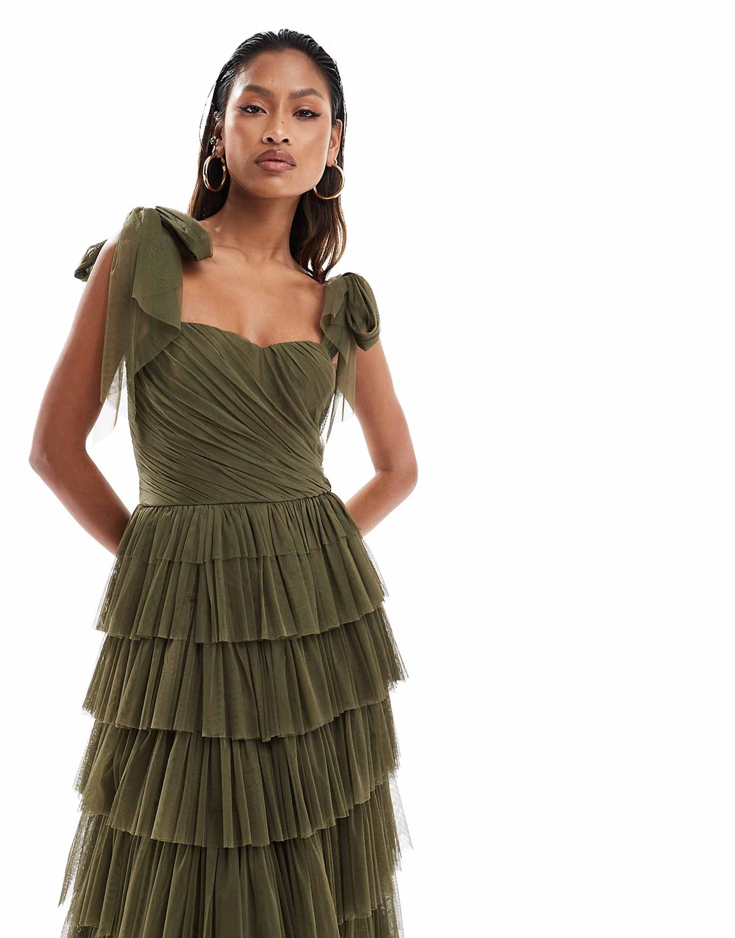 Bow Shoulder Tiered Tulle Maxi Dress
