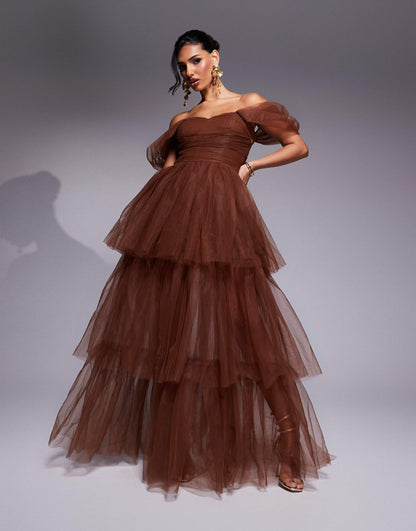 Off Shoulder High Low Tulle Maxi Dress