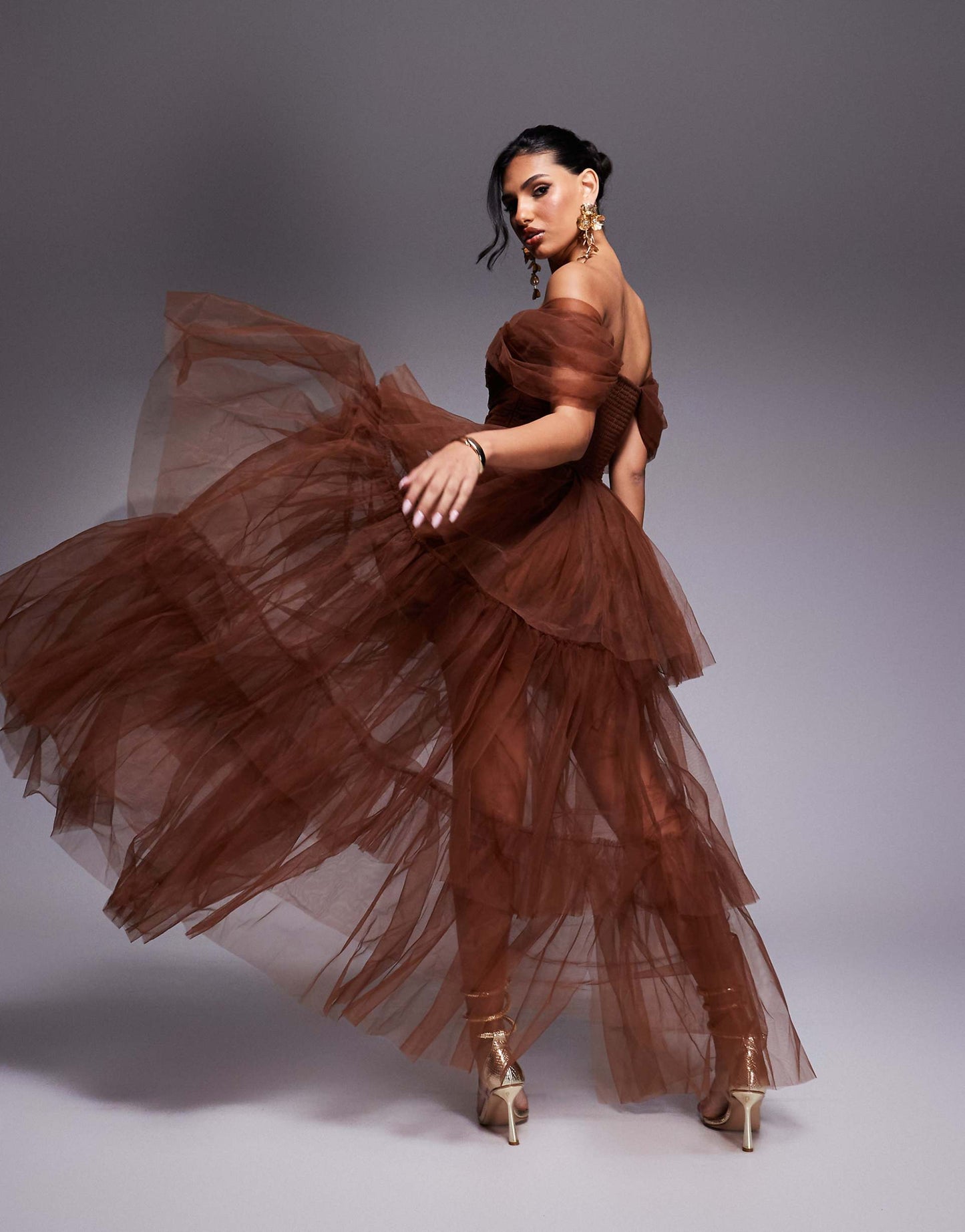 Off Shoulder High Low Tulle Maxi Dress