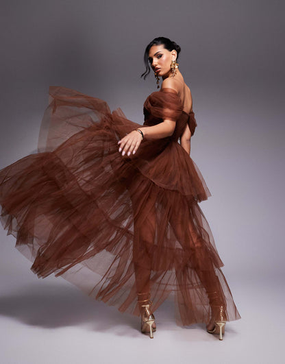 Off Shoulder High Low Tulle Maxi Dress