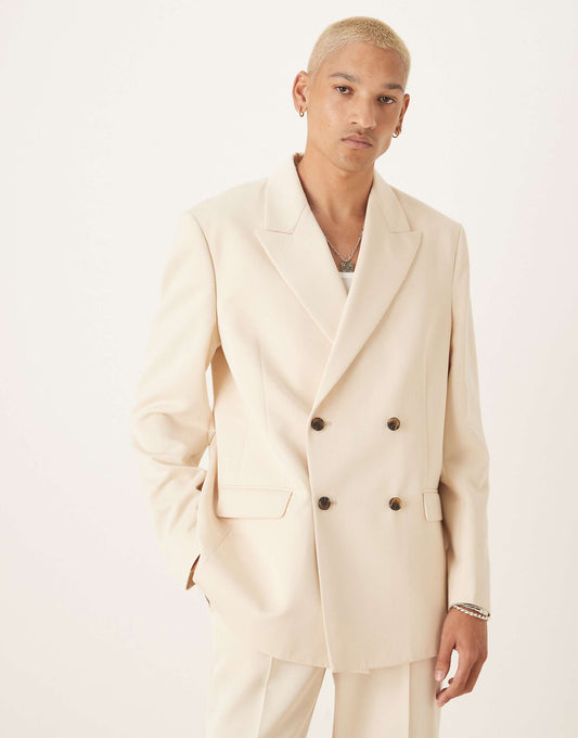 Relaxed Square Shoulder Double Breasted Suit Jacket With Cotton