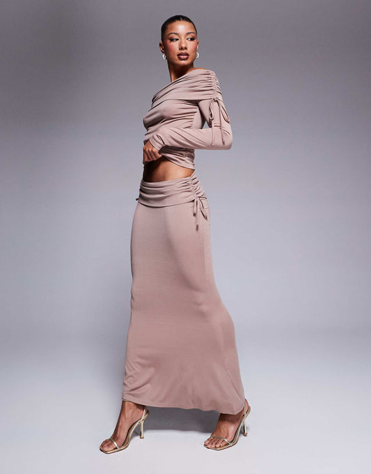 Fold Over Waist Fishtail Maxi Skirt With Side Ruching