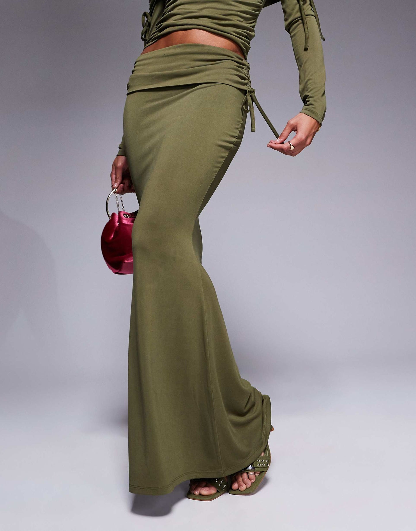 Premium Modal Fold Over Waist Fishtail Maxi Skirt With Side Ruching