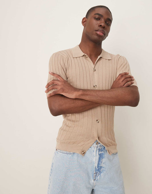 Lightweight Knitted Rib Button Through Polo