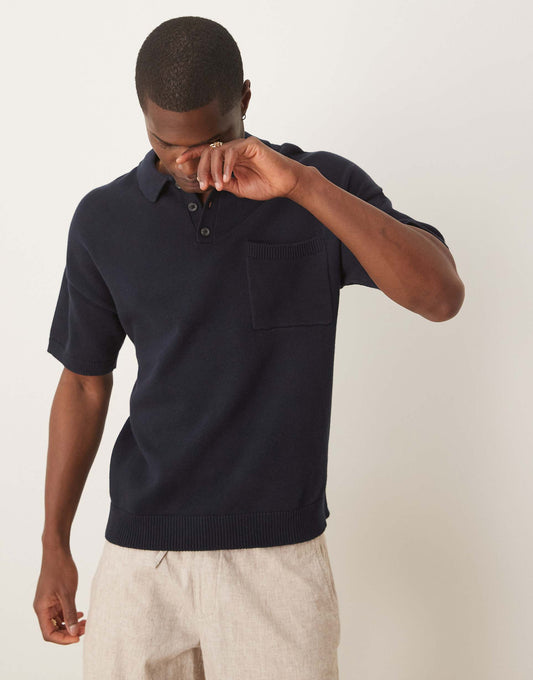 Relaxed Boxy Knitted Midweight Cotton Polo With Chest Pocket