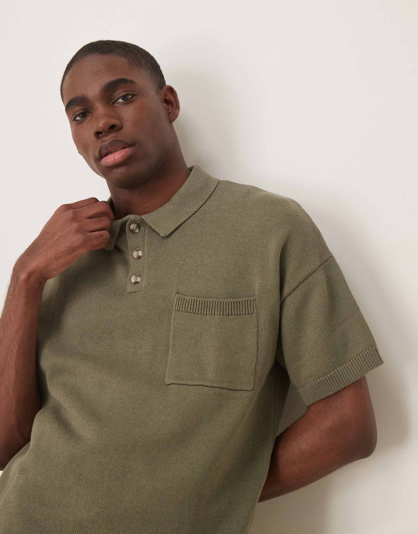 Relaxed Boxy Knitted Midweight Cotton Polo With Chest Pocket