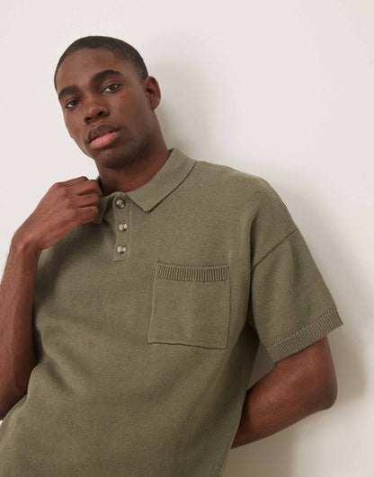 Relaxed Boxy Knitted Midweight Cotton Polo With Chest Pocket