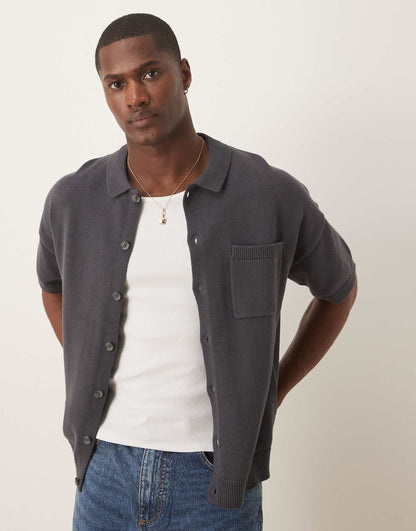 Relaxed Boxy Fit Midweight Knitted Cotton Button Through Polo