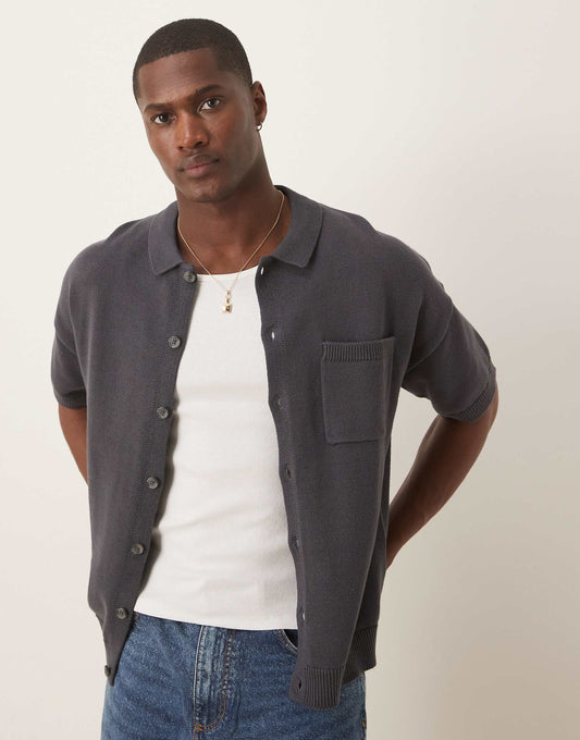 Relaxed Boxy Fit Midweight Knitted Cotton Button Through Polo