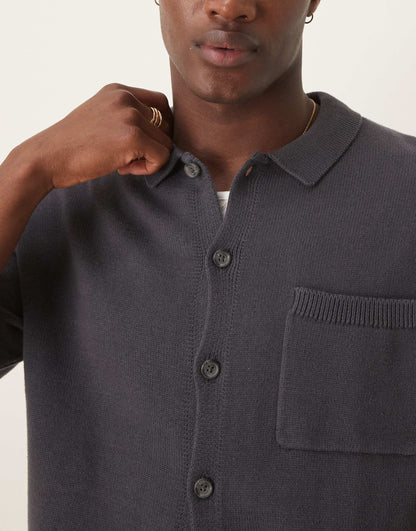 Relaxed Boxy Fit Midweight Knitted Cotton Button Through Polo