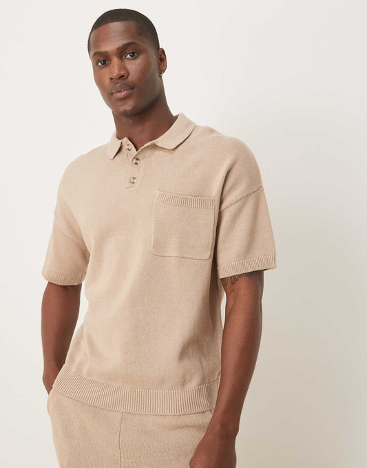 Relaxed Boxy Knitted Midweight Cotton Polo With Chest Pocket