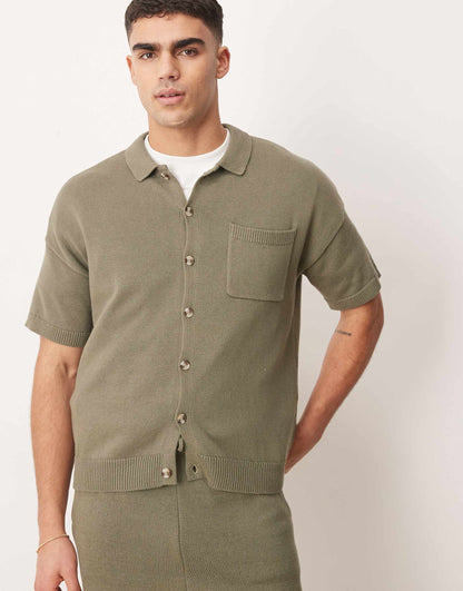 Relaxed Boxy Fit Midweight Knitted Cotton Button Through Polo
