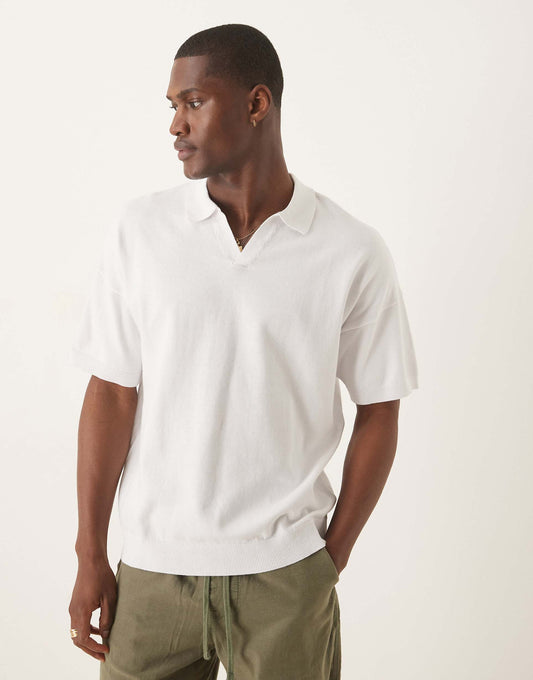 Relaxed Boxy Fit Knitted Midweight Cotton Notch Neck Polo