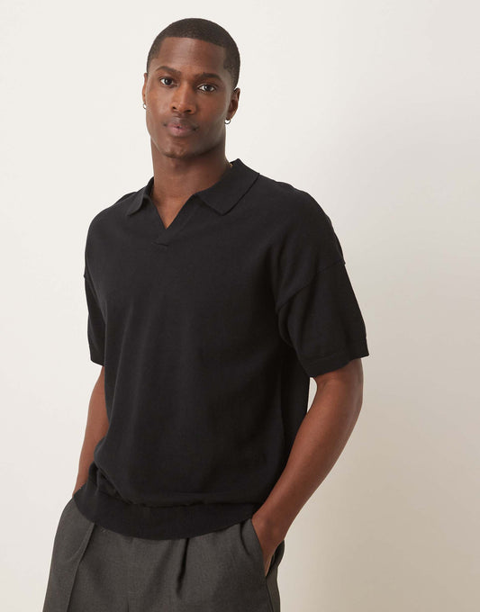 Relaxed Boxy Fit Knitted Midweight Cotton Notch Neck Polo