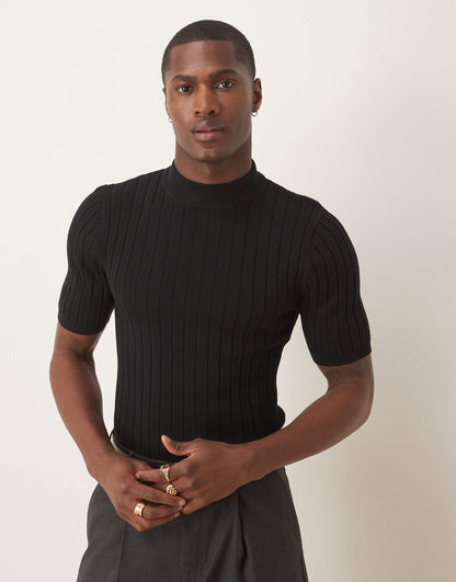 Muscle Fit Knitted Rib Turtle Neck T-Shirt