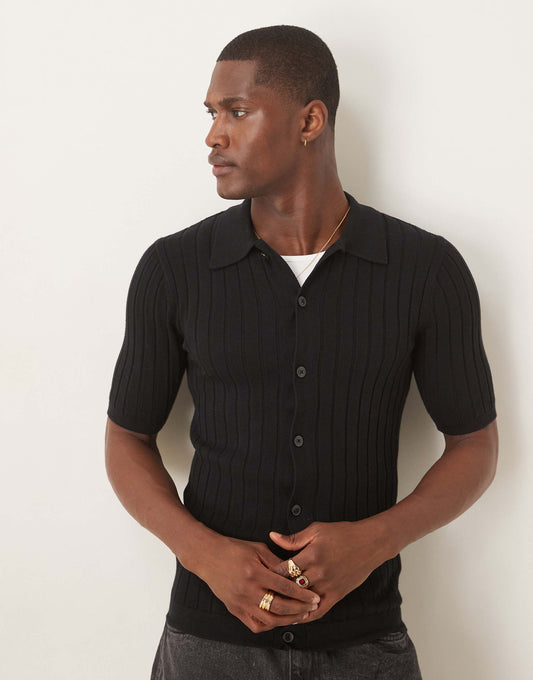 Lightweight Knitted Rib Button Through Polo
