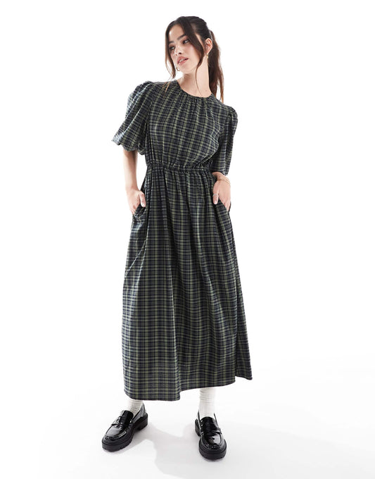 Navy Check Midi Dress With Puff Sleeves