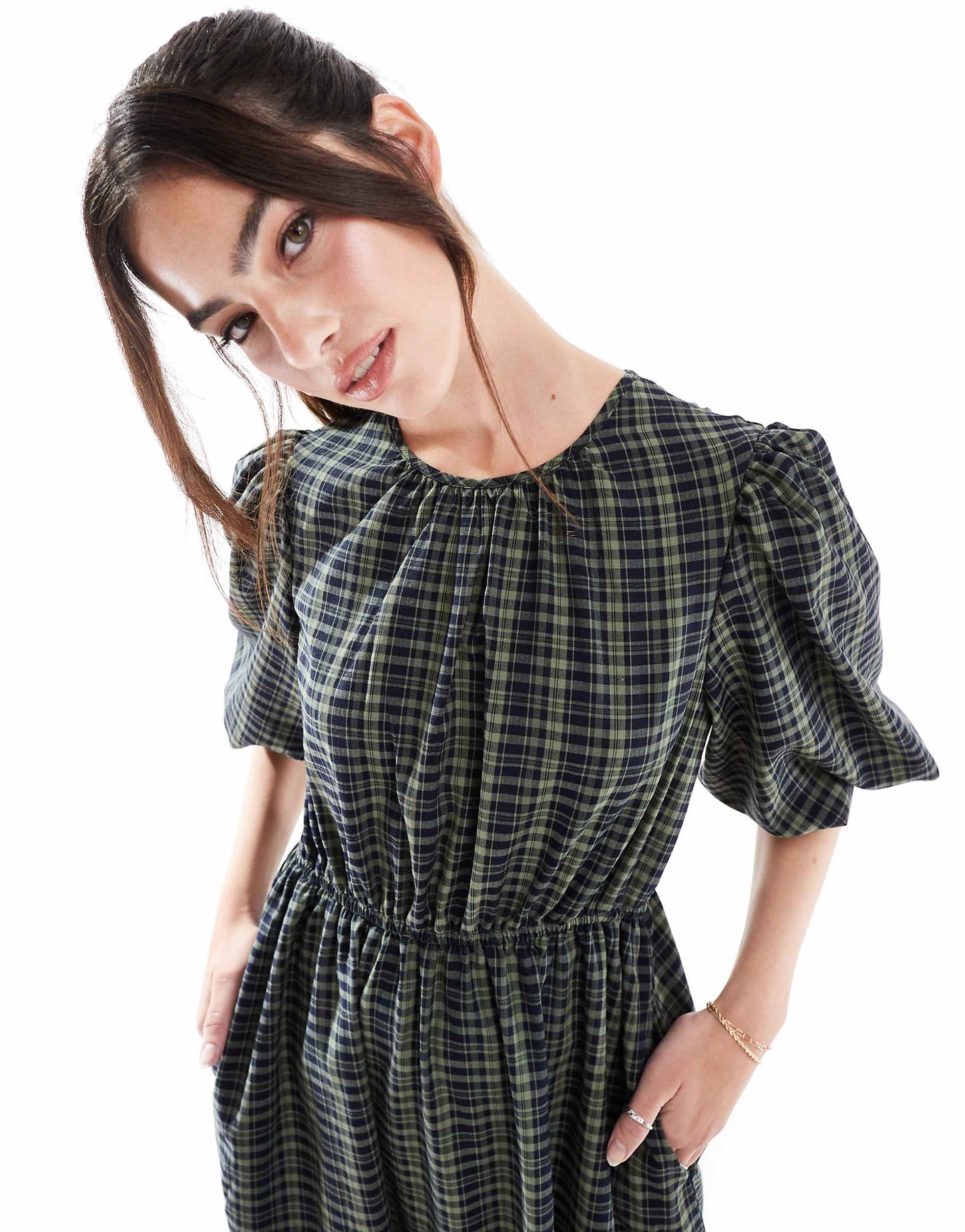 Navy Check Midi Dress With Puff Sleeves