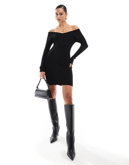 Off Shoulder Button Detail Knitted Mini Dress