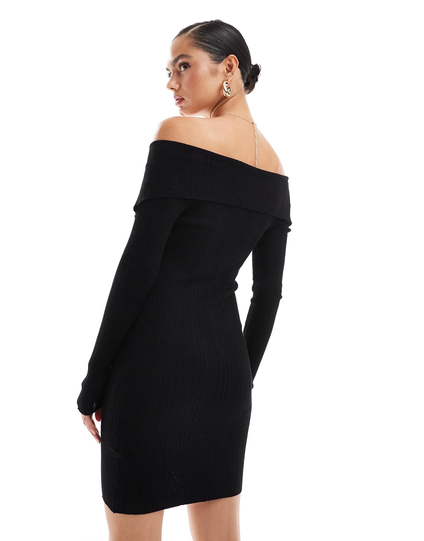 Off Shoulder Button Detail Knitted Mini Dress