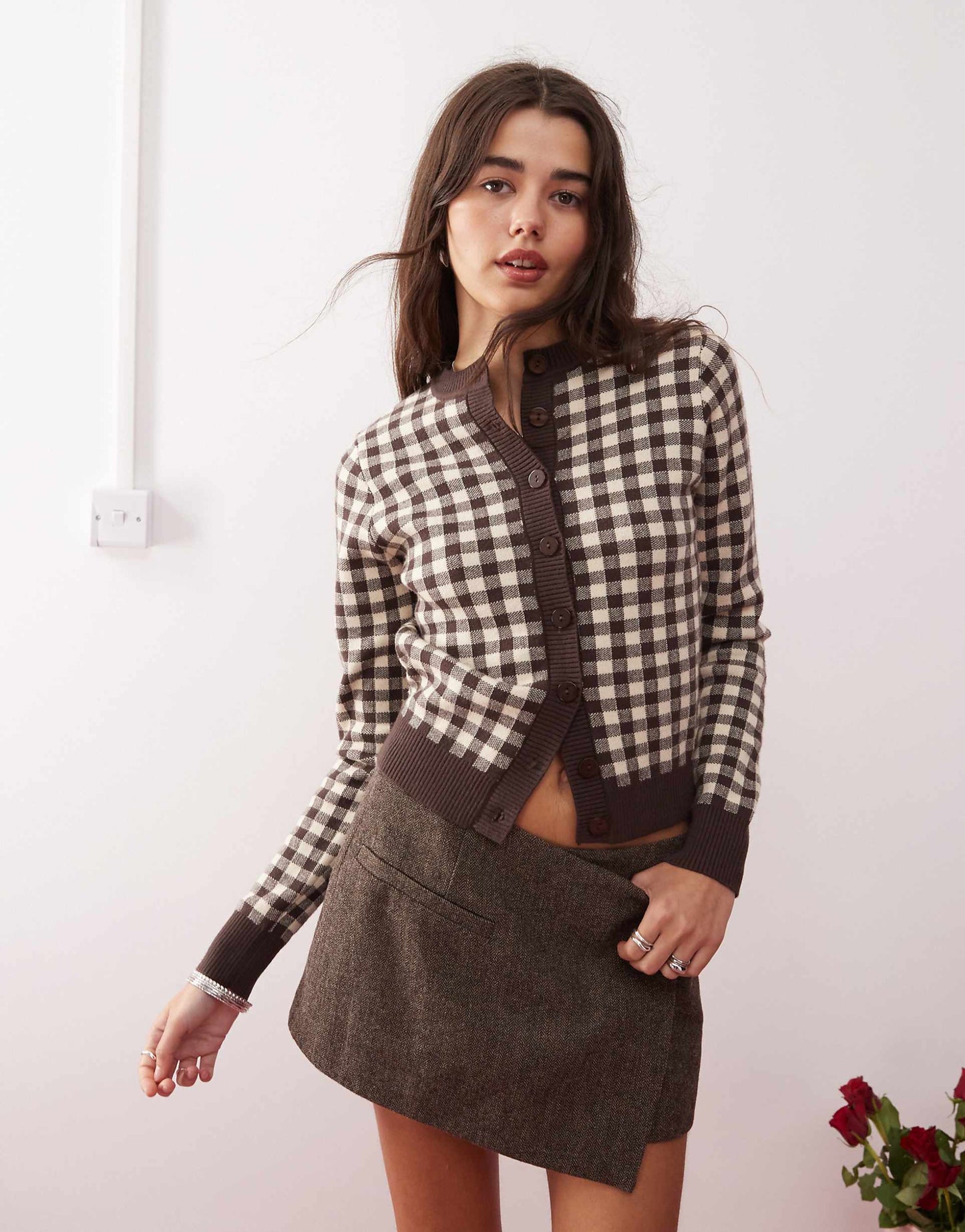 Hanudia Fitted Gingham Cardigan