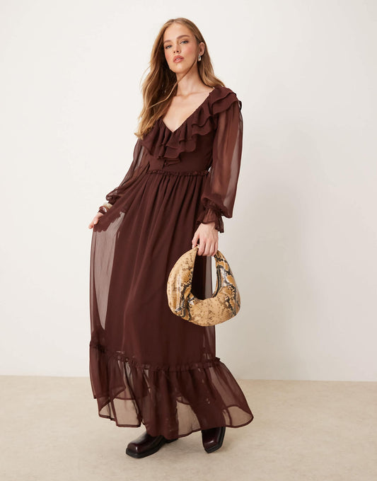 Long Sleeve Ruffle Detail Maxi Dress