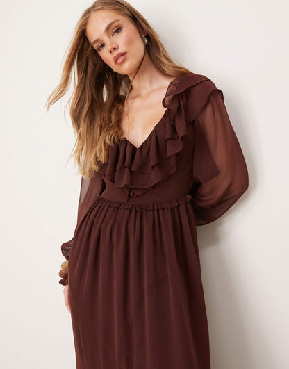 Long Sleeve Ruffle Detail Maxi Dress