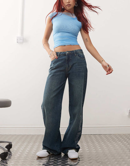 Wide Leg Denim Jeans With Diamante Logo And Back Pocket Detail