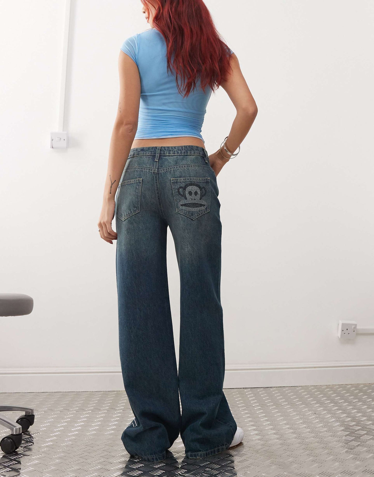 Wide Leg Denim Jeans With Diamante Logo And Back Pocket Detail