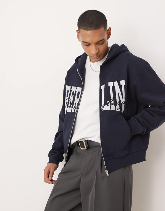Oversized Boxy Zip Through Hoodie With Berlin Print