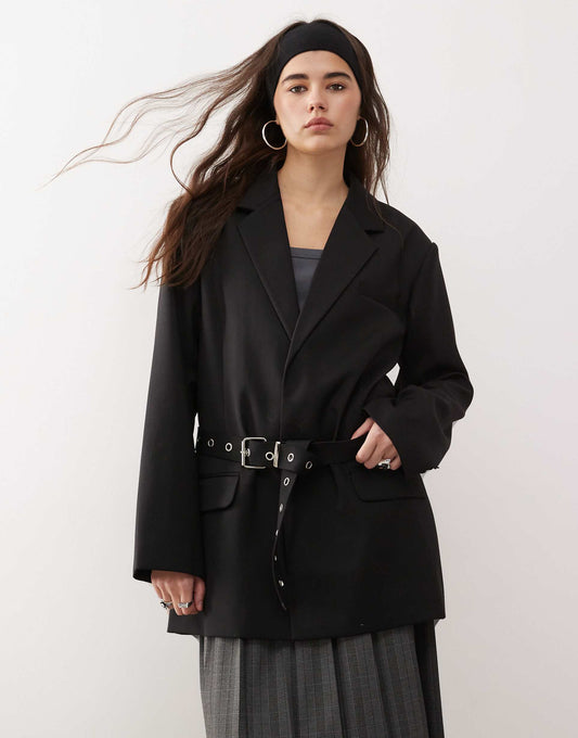Oversized Cinched Waist Belt Blazer