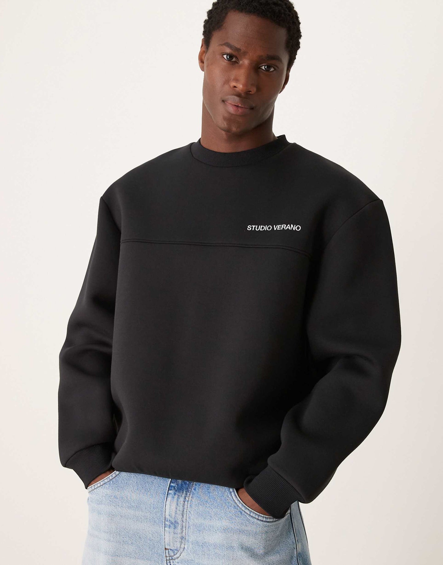 Oversized Drop Shoulder Scuba Sweatshirt With Studio Verano Print