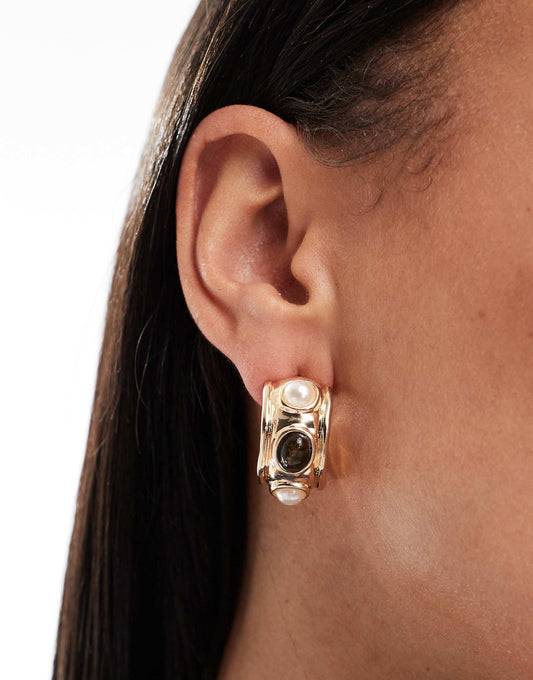 Hoop Earrings With Faux Pearl And Tigers Eye Stones