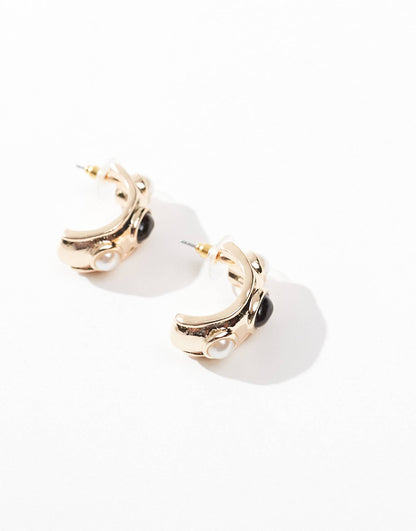 Hoop Earrings With Faux Pearl And Tigers Eye Stones