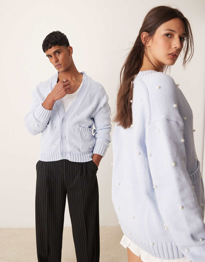 Unisex Pearl Embellished Cardigan