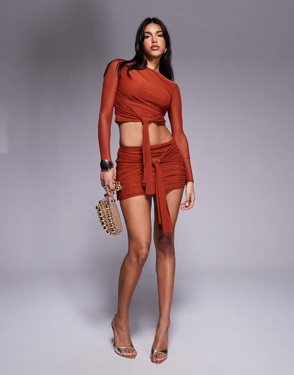 Co-Ord Ruched Mesh Drape Top