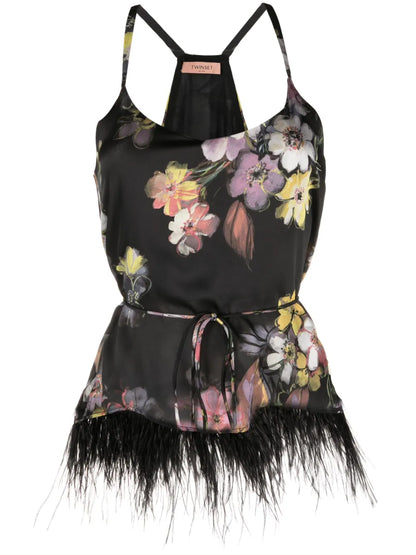 Floral-Print Feather-Trim Cami Top
