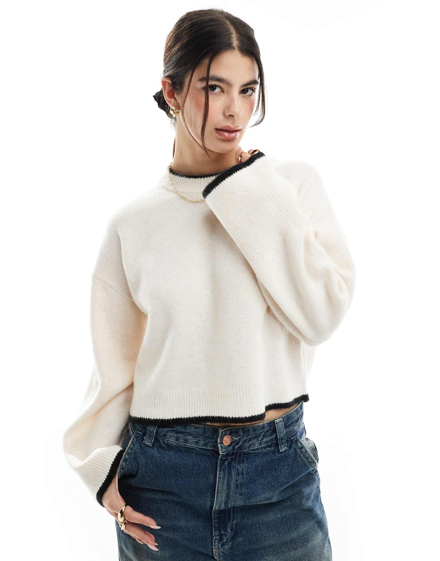 Boxy Crew Neck Jumper With Tipping Detail