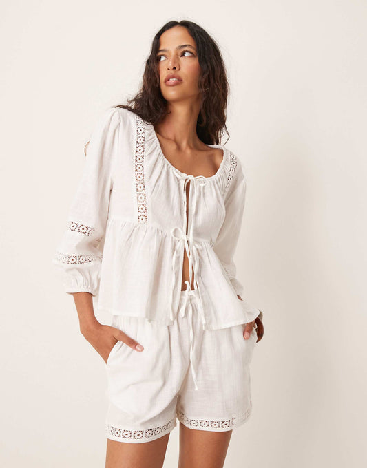 Long Sleeve Crochet Panel Tie Front Beach Shirt Co-Ord