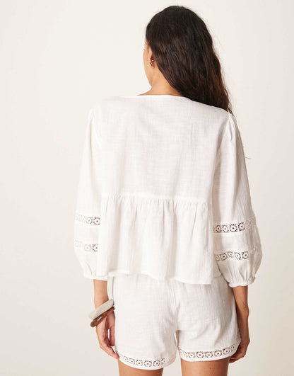 Long Sleeve Crochet Panel Tie Front Beach Shirt Co-Ord