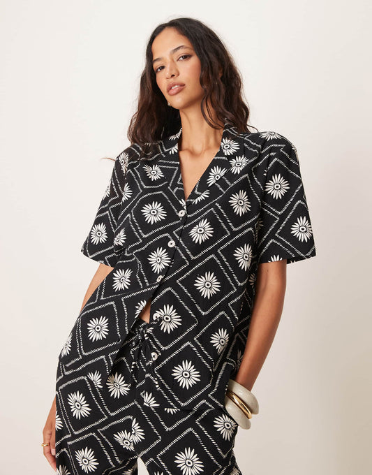 Tile Print Short Sleeve Beach Shirt Co-Ord