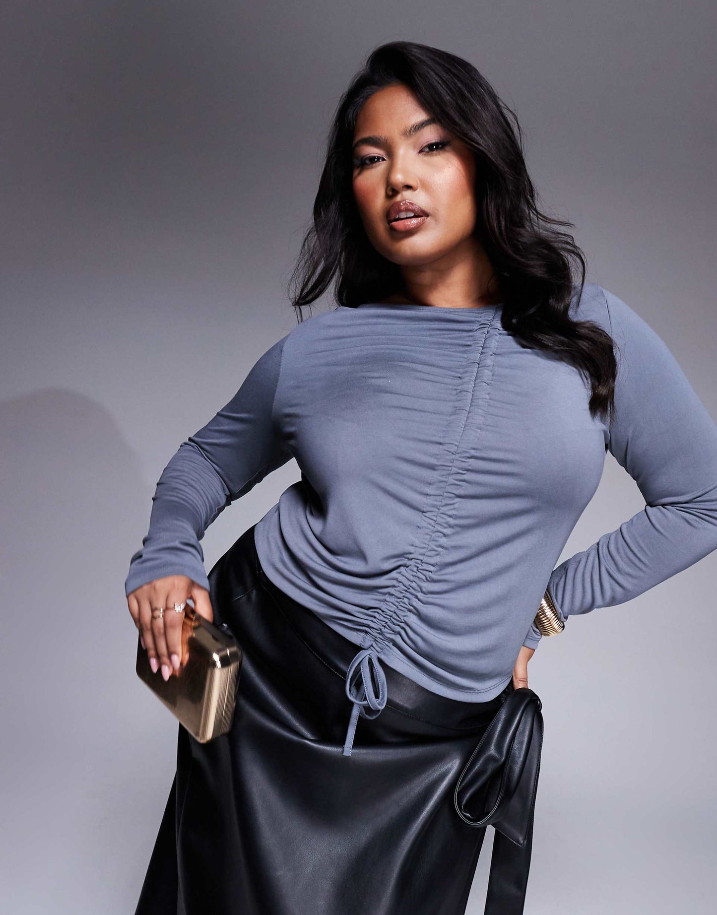 Curve Soft Handle Long Sleeve Top With Front Asymmetric Ruching