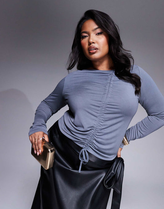 Curve Soft Handle Long Sleeve Top With Front Asymmetric Ruching