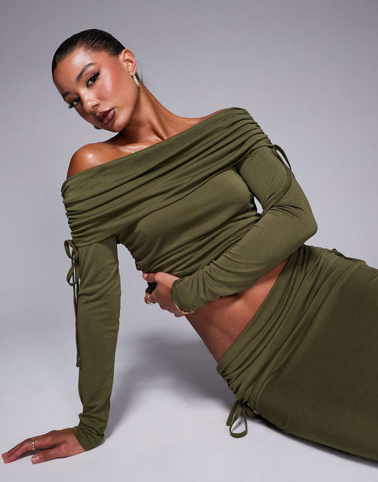 Soft Handle Off Shoulder Ruched Long Sleeve Top