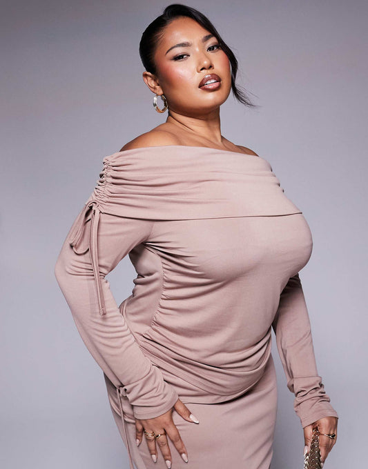 Curve Soft Handle Off Shoulder Ruched Long Sleeve Top