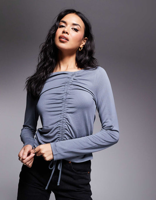 Soft Handle Long Sleeve Top With Front Asymmetric Ruching