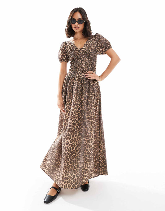 Shirred Bodice Maxi Dress With Puff Sleeve