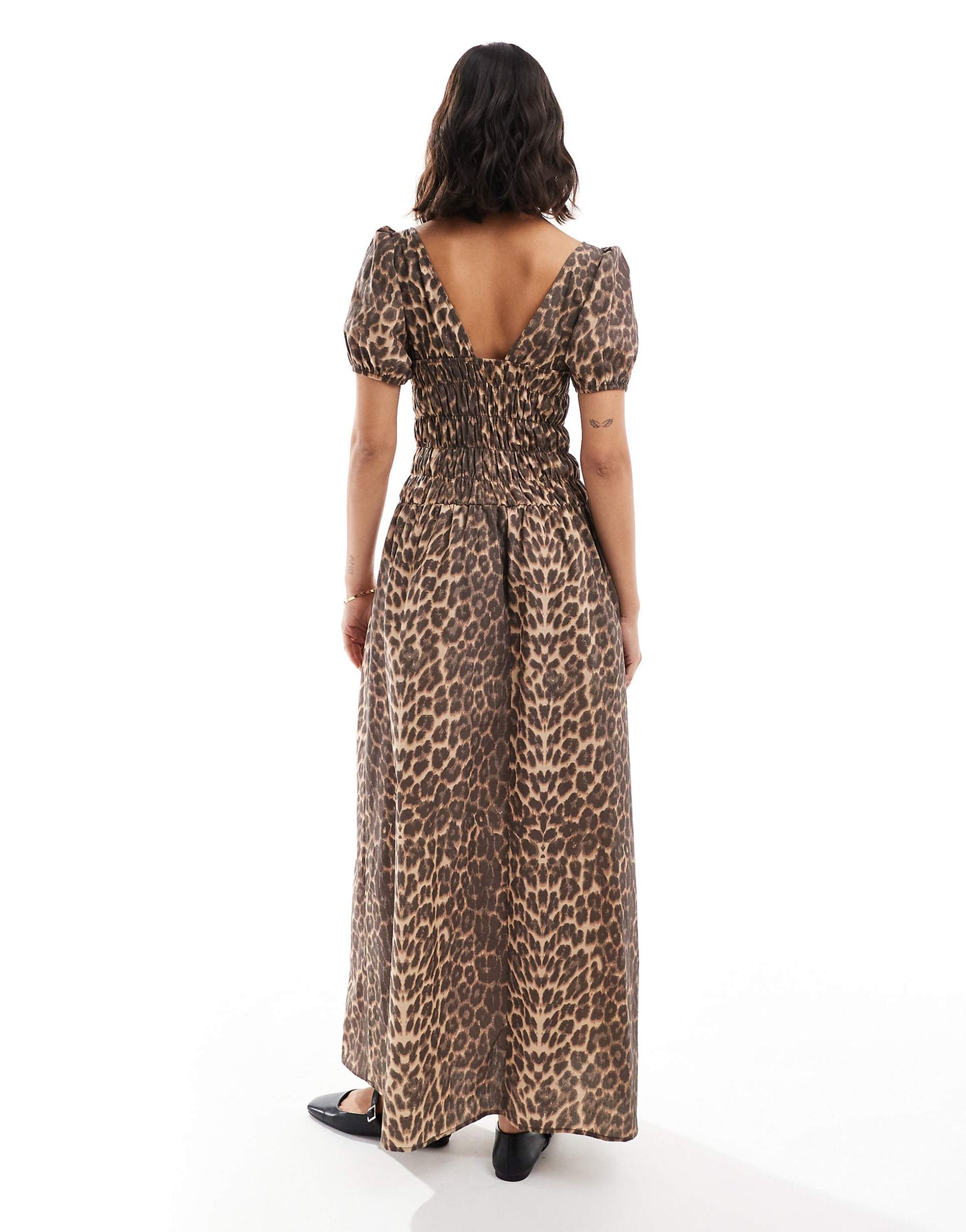 Shirred Bodice Maxi Dress With Puff Sleeve